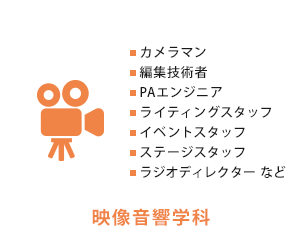 映像音響学科　カメラマン、編集技術者、PAエンジニア、ライティングスタッフ、イベントスタッフ、ステージスタッフ、ラジオディレクター など