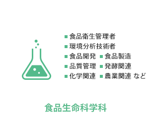 食品生命科学科　食品衛生管理者、環境分析技術者、食品開発、食品製造、品質管理、発酵関連、化学関連、農業関連 など